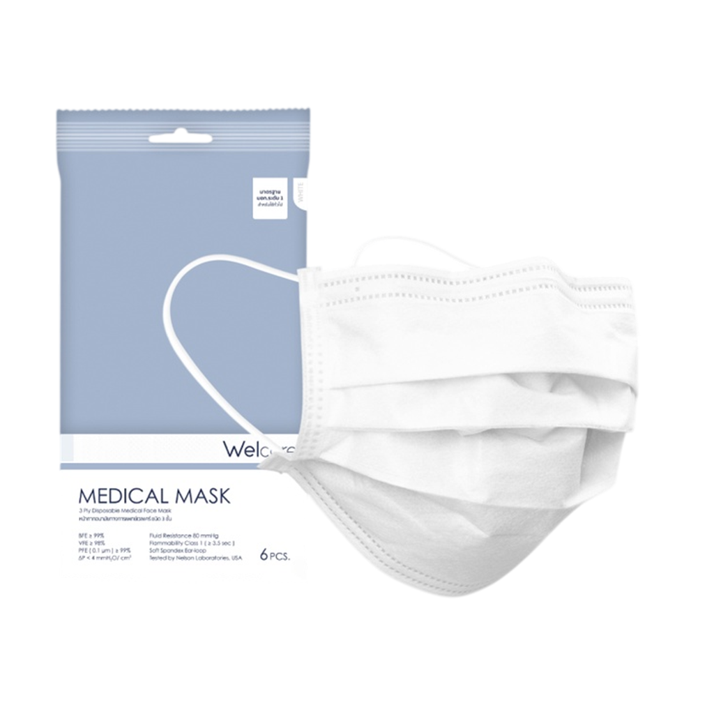 WELCARE หน้ากากทางการแพทย์ ชนิด 3 ชั้น แพ็ก 6 ชิ้น
