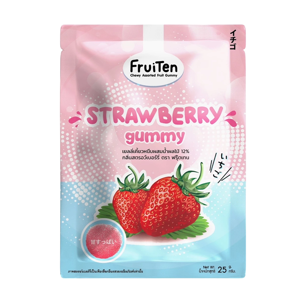 Fruiten เยลลี่เคี้ยวหนึบ ผสมน้ำผลไม้ 25ก. กลิ่นสตรอเบอร์รี่ ,กลิ่นองุ่น